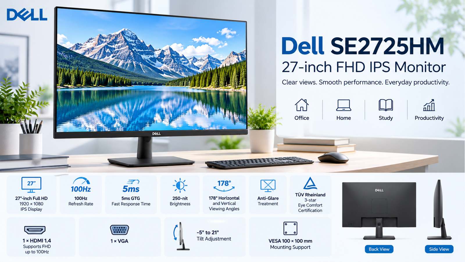 Dell SE2725HM 27-inch Full HD IPS Monitor, 1920 × 1080, 100Hz, 5ms GTG, HDMI, VGA, 250 Nits, VESA 100 × 100, Black, 3-Year Warranty